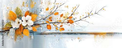 Minimalist Watercolor Cityscape Illustration with Fall Leaves and Floral Accents in Soft Tones