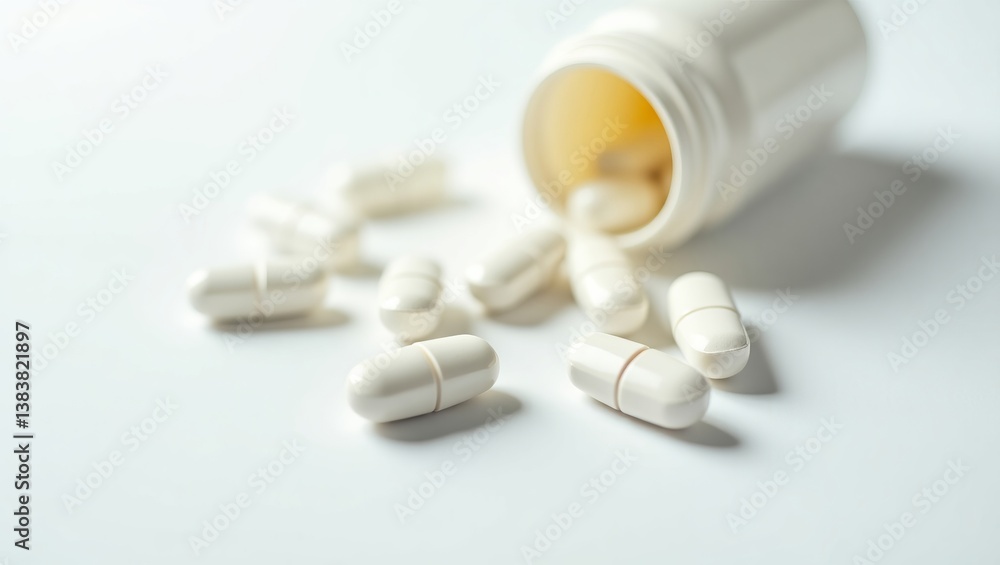 White pills spilled from a bottle, a moment of quiet reflection on health and wellness against a clean, bright background. White pills spilled from a bottle, a moment of quiet reflection on health and wellness against a clean, bright background.