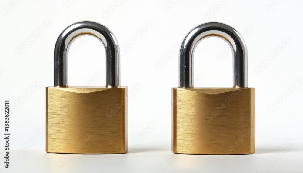 Two golden padlocks on white background. Chrome arches, solid metal body. Security access control, protection of data, safe storage, online privacy. Secure financial transactions. Confidentiality, Two golden padlocks on white background. Chrome arches, solid metal body. Security access control, protection of data, safe storage, online privacy. Secure financial transactions. Confidentiality,