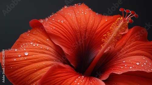 Close-up of a red hibiscus flower with water droplets on its petals. the petals are a deep, vibrant red color and have a glossy texture.