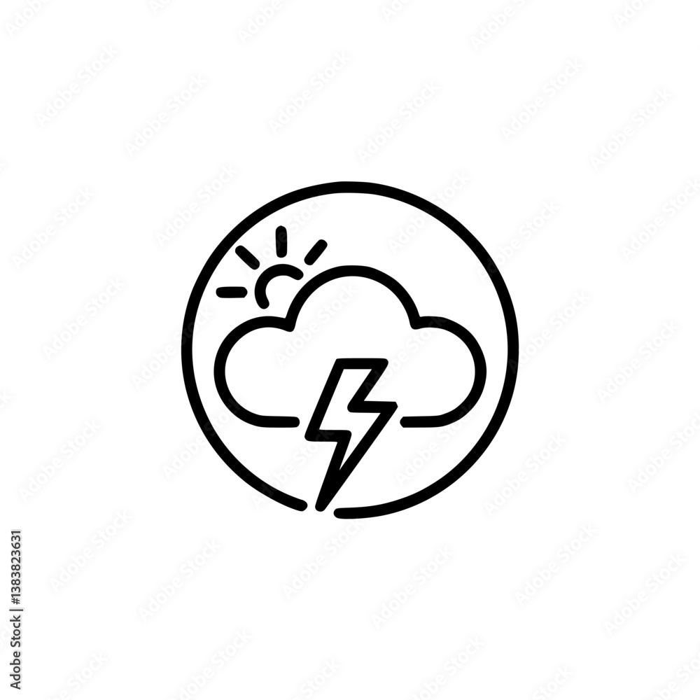 Weather Icon: Sun, Cloud, and Lightning, Minimalist Line Art Weather Icon: Sun, Cloud, and Lightning, Minimalist Line Art