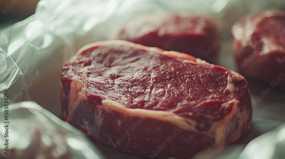 Obraz premium Fresh raw beef ribeye steak sealed in a vacuum pack, preserving its quality and freshness