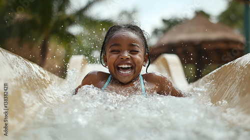 Happy Child Enjoying Waterslide at Waterpark