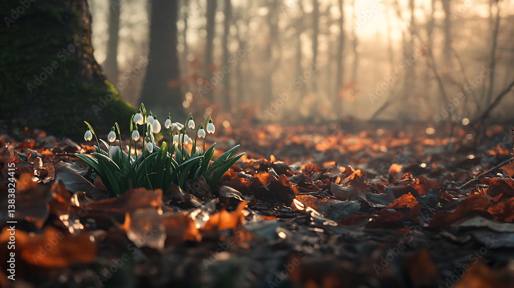Fresh snowdrops emerging through fallen leaves in a forest, signaling the start of spring, imbolc Fresh snowdrops emerging through fallen leaves in a forest, signaling the start of spring, imbolc
