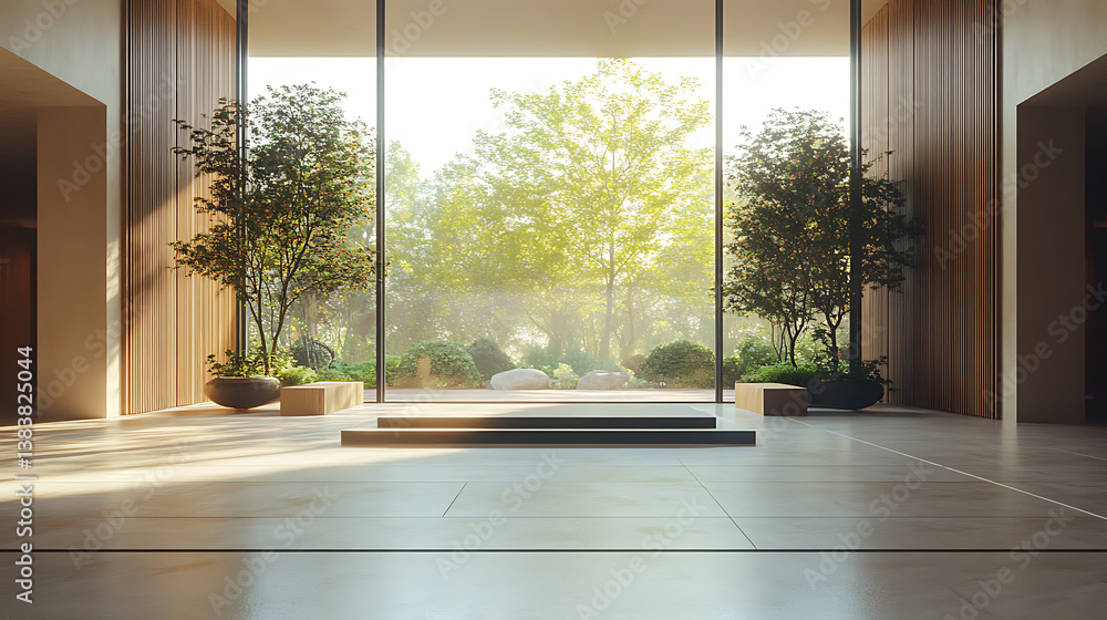 Fototapeta premium Front view on bright empty room interior with panoramic window
