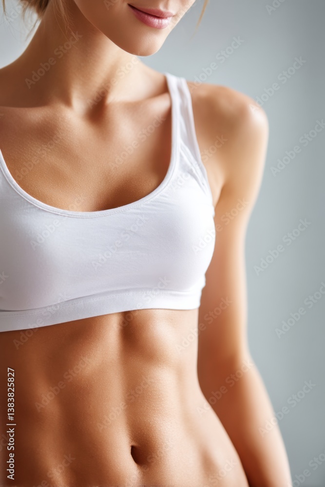 © Natalia - Close-up of fit woman showing toned abs wearing white top