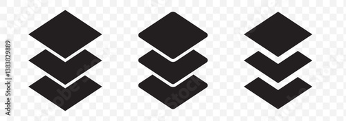 Layer stack illustration. Black three layers. Layer tier diagram icon on Transparent Background. EPS 10.