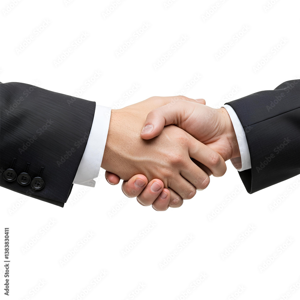 Close-Up of a Formal Business Handshake Between Two Professionals in Dark Suits Against a White Background Symbolizing Agreement, Partnership, and Success Close-Up of a Formal Business Handshake Between Two Professionals in Dark Suits Against a White Background Symbolizing Agreement, Partnership, and Success