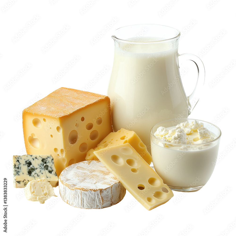 Dairy products including various cheeses and milk presented in an isolated setting on a clean Transparent background, Dairy Products Cheeses and Milk isolated on PNG background Dairy products including various cheeses and milk presented in an isolated setting on a clean Transparent background, Dairy Products Cheeses and Milk isolated on PNG background