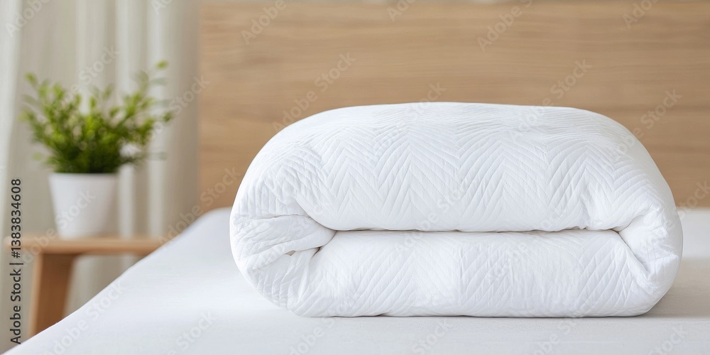 Obraz premium Neatly Folded White Blanket on a Minimalist Bed with Potted Plant in a Calm Indoor Setting