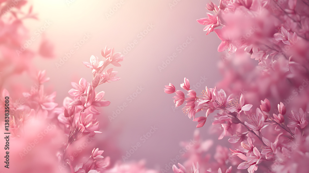 Fototapeta premium Banner with a frame of pink flowers on a pink background, spring composition with copyright