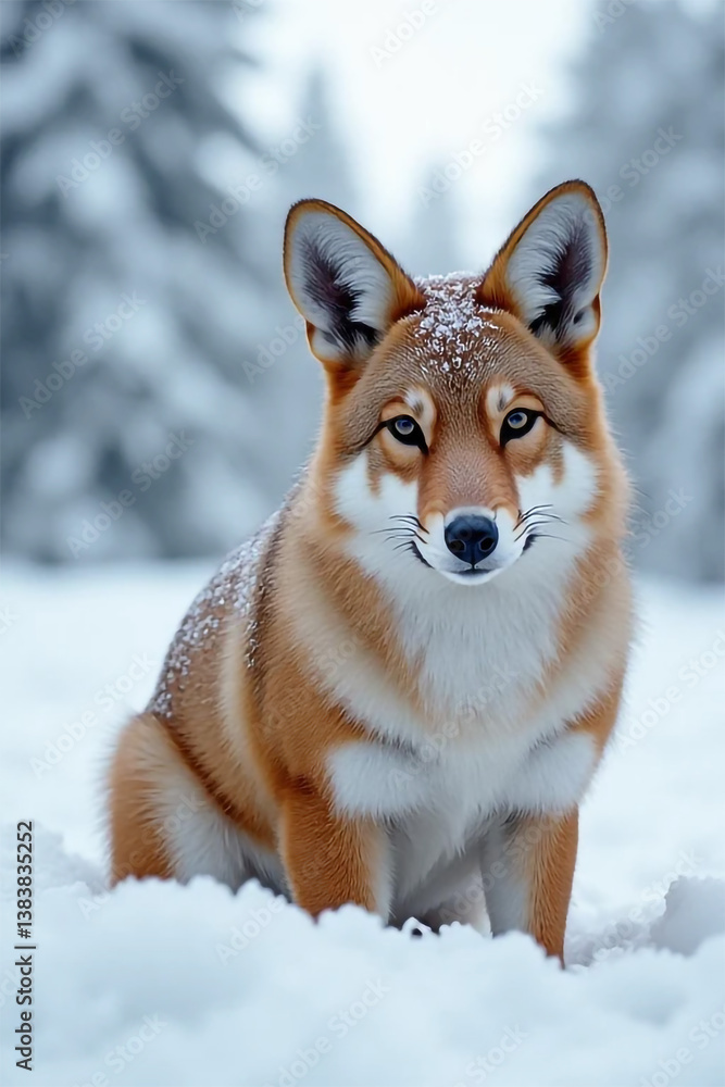 A regal red fox, serene amidst a snowy winter wonderland, its fur dusted with snowflakes, a captivating portrait of wild beauty in soft, natural light. A regal red fox, serene amidst a snowy winter wonderland, its fur dusted with snowflakes, a captivating portrait of wild beauty in soft, natural light.