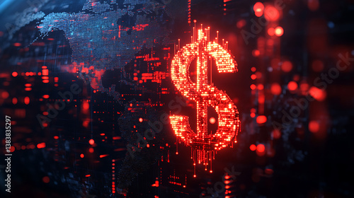 Bearish stock market, investing and weakening of the currency concept with glowing digital red dollar symbol, falling financial chart candlestick and arrow on world map globe background, 3d rendering