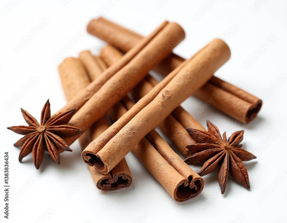 Cinnamon sticks and star anise isolated on white background. These spices, aromatic for cooking, represent culinary ingredient, adding flavor to desserts and warm drinks. Perfect for recipes. Cinnamon sticks and star anise isolated on white background. These spices, aromatic for cooking, represent culinary ingredient, adding flavor to desserts and warm drinks. Perfect for recipes.