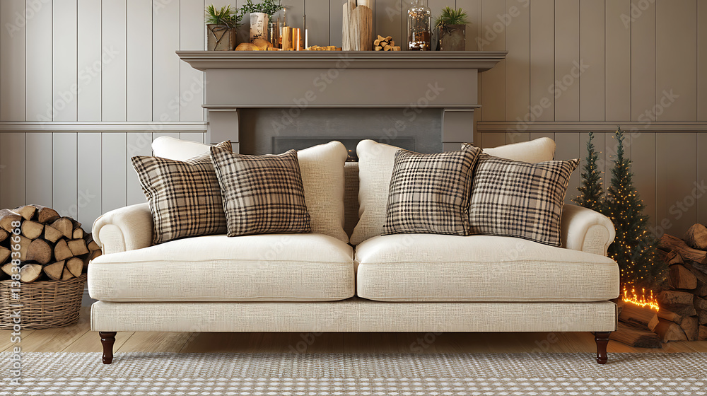 Obraz premium Beige sofa with knitted plaid and cushion against of fireplace, hygge, scandinavian interior design of modern living room