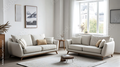 Beige sofa and armchair against window  wooden dresser near white wall with poster  scandinavian interior design of modern living room