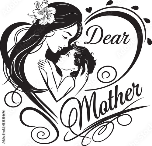 Beautiful Mother And Child Illustration With Heart And Love