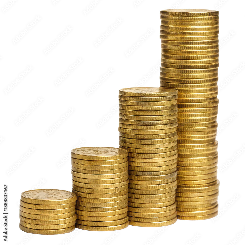 Piled coins in varying heights isolated on a white background. Piled coins in varying heights isolated on a white background.