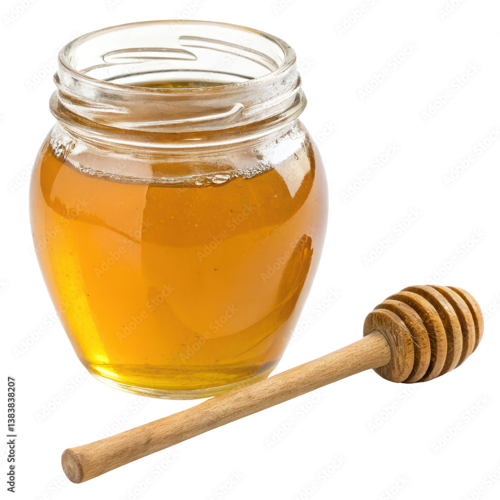 Honey in a jar with a wooden dipper isolated on a white background. Honey in a jar with a wooden dipper isolated on a white background.