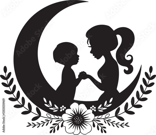 Mother And Child Silhouette On The Moon With Floral Elements
