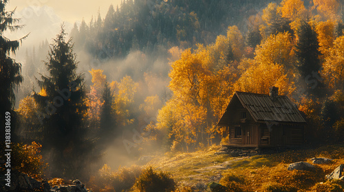 A secluded wooden house tucked into a vibrant autumn landscape, with mist rising from the forest floor.