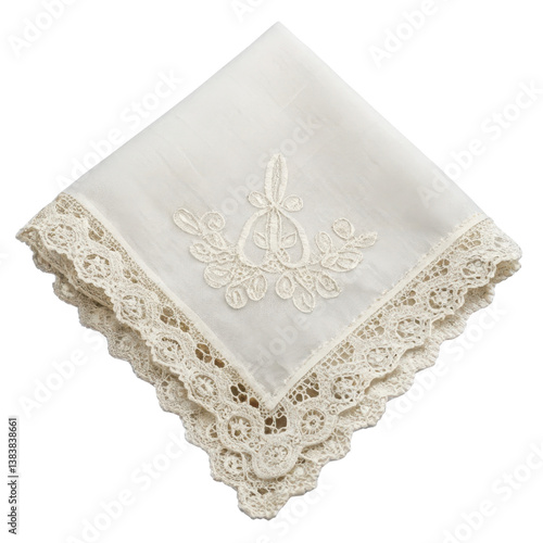 Elegant lace-trimmed handkerchief with intricate embroidery design. isolated on a white background.