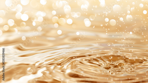 Golden liquid surface with ripples and bokeh lights creating a shiny abstract background look and feel .