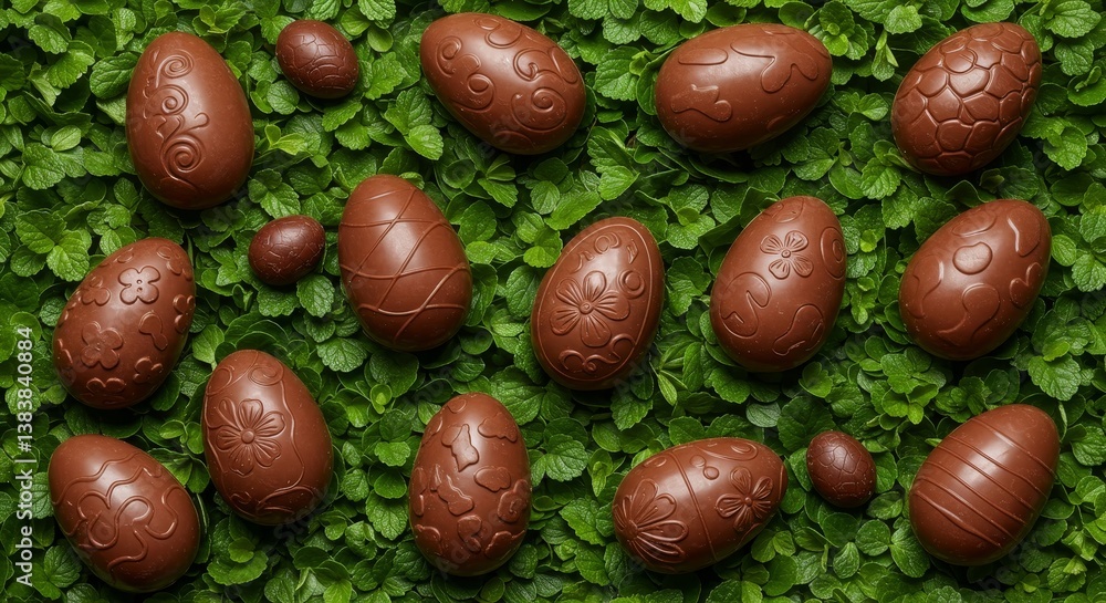 Chocolate Easter Eggs on Green Moss - Delicious chocolate Easter eggs adorned with intricate designs rest on a bed of vibrant green moss. Perfect for Easter celebrations and springtime themes Chocolate Easter Eggs on Green Moss - Delicious chocolate Easter eggs adorned with intricate designs rest on a bed of vibrant green moss. Perfect for Easter celebrations and springtime themes
