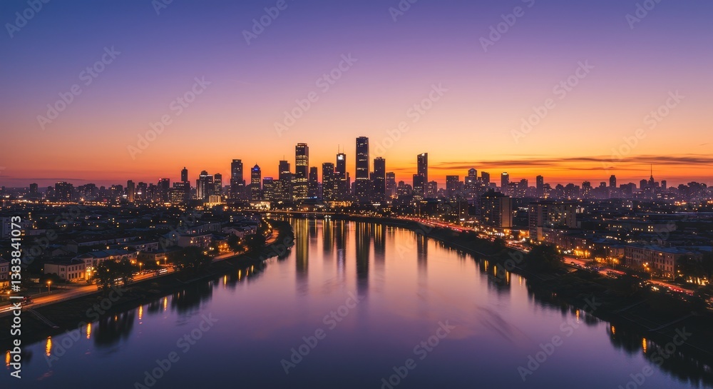 Naklejka premium Cityscape at Dawn - Stunning cityscape at sunrise, reflecting on calm water. Modern buildings and city lights