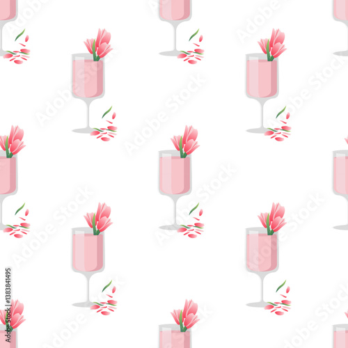 Seamless vector pattern featuring elegant wine summer or spring glasses filled with pink liquid, each adorned with blooming pink tulips and petals on a white background