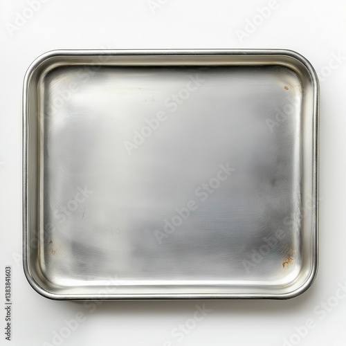 Empty Stainless Steel Baking Tray or Metal Food Serving Pan Isolated on White Background, Top View Kitchenware