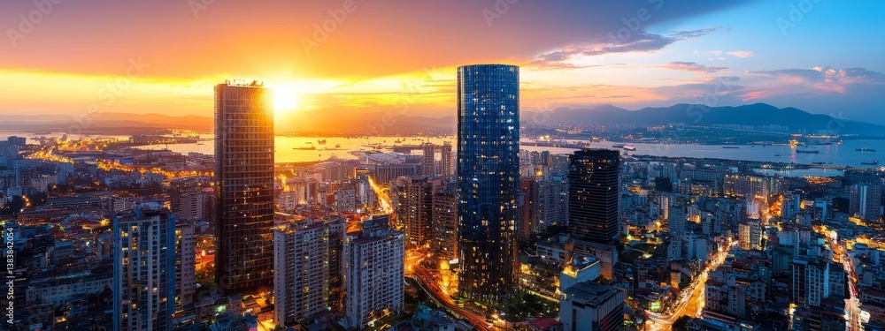 Fototapeta premium Majestic Sunset Over City Skyline with Skyscrapers and Water View