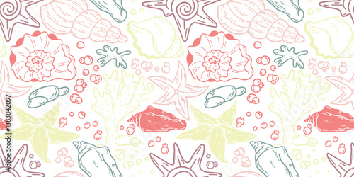 Seamless pattern of corals and shells. Sea coral reef polyps and algae, tropical ocean, underwater wildlife and marine flora, textile or wallpaper background design.