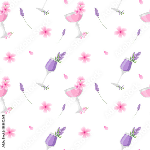 Vector illustration of a seamless pattern featuring elegant pink and purple spring or summer drink glasses adorned with lavender and sakura. Ideal for textiles, wallpapers, and digital designs