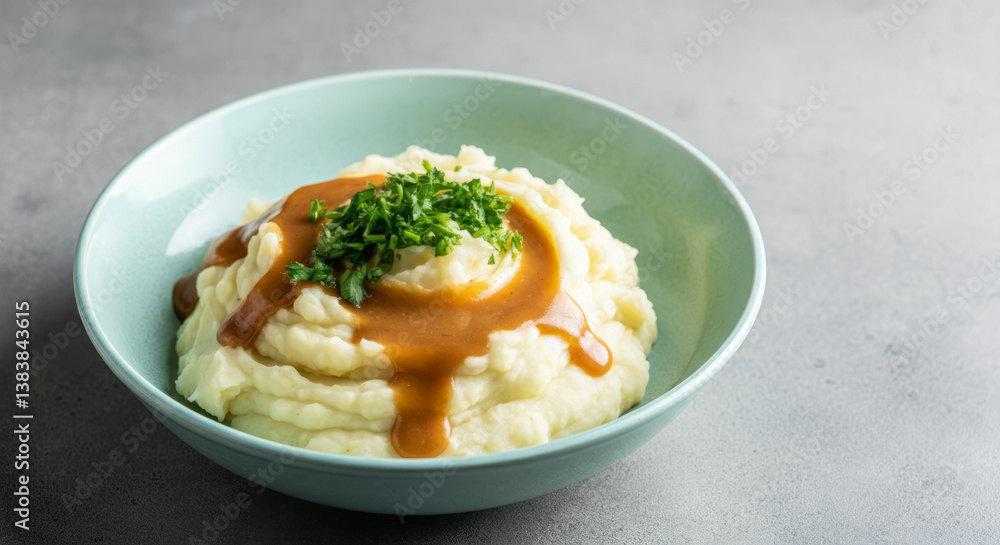 Creamy mashed potatoes with gravy and parsley in blue bowl on gray background Creamy mashed potatoes with gravy and parsley in blue bowl on gray background
