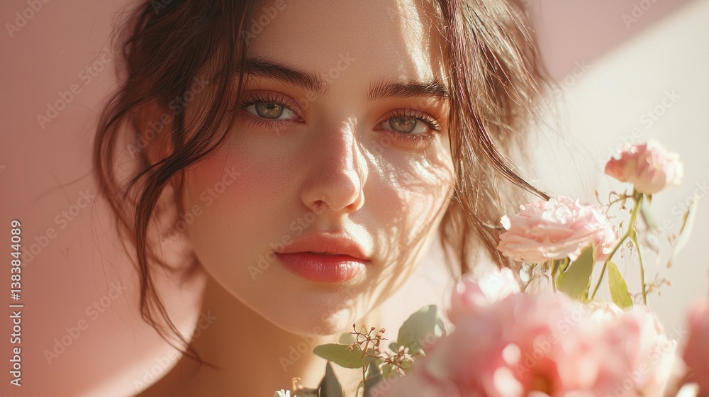 Naklejka premium A young woman gazes softly at the viewer, her delicate features illuminated by warm sunlight. Surrounded by blooming pink roses, she embodies beauty and serenity in an exquisite moment of tranquility