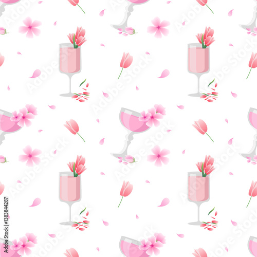 Vector illustration of seamless pattern with pink floral spring pr summer glasses, pink tulips, and cherry blossoms, sakura on a white background. Perfect for wedding and spring-themed designs
