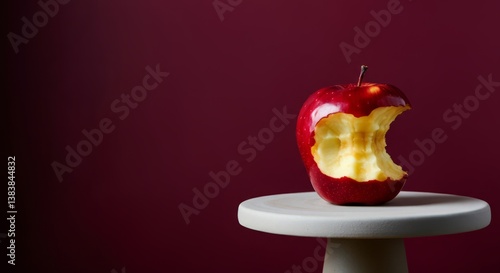 Partially eaten red apple on white pedestal against dark red background