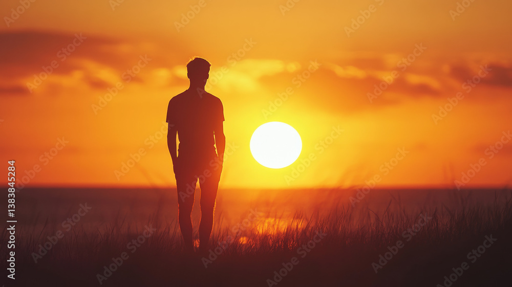 Back View of a Man Standing Alone at Sunset, Warm Tones, Peaceful Urban Landscape, Reflective Atmosphere