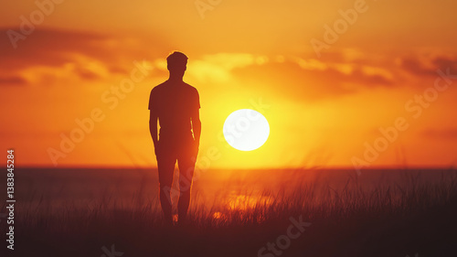 Obraz na płótnie Back View of a Man Standing Alone at Sunset, Warm Tones, Peaceful Urban Landscape, Reflective Atmosphere w salonie
