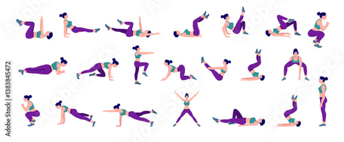 Workout girl set. Woman doing fitness and yoga exercises. Lunges and squats, plank and abc. Full body workout.
