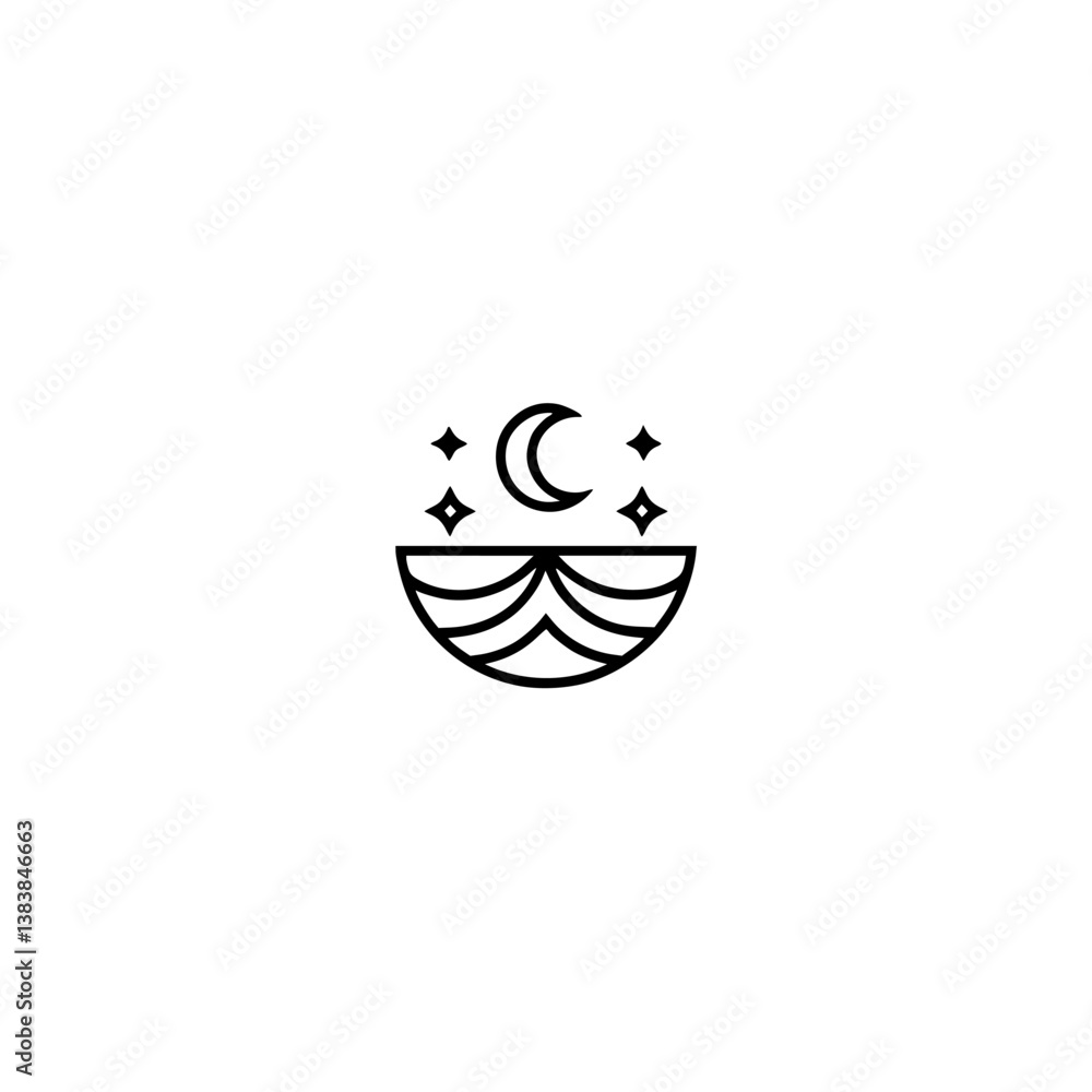 Obraz premium Minimalist Night Sky Logo: Moon, Stars, & Waves