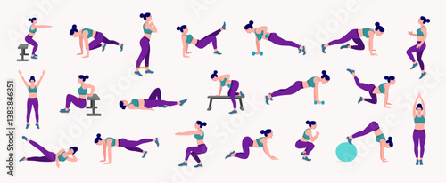 Workout girl set. Woman doing fitness and yoga exercises. Lunges and squats, plank and abc. Full body workout.