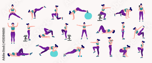 Workout girl set. Woman doing fitness and yoga exercises. Lunges and squats, plank and abc. Full body workout.
