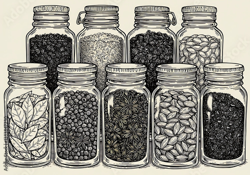 Fototapeta Naklejka Na Ścianę i Meble -  Vintage spice jars illustration: culinary herbs and spices collection
