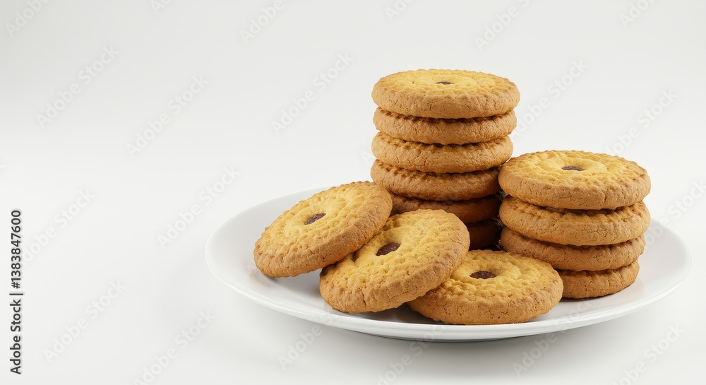 Delicious Round Cookies on White Plate - A stack of round cookies sits on a white plate against a white background. Perfect for food blogs and baking websites Delicious Round Cookies on White Plate - A stack of round cookies sits on a white plate against a white background. Perfect for food blogs and baking websites