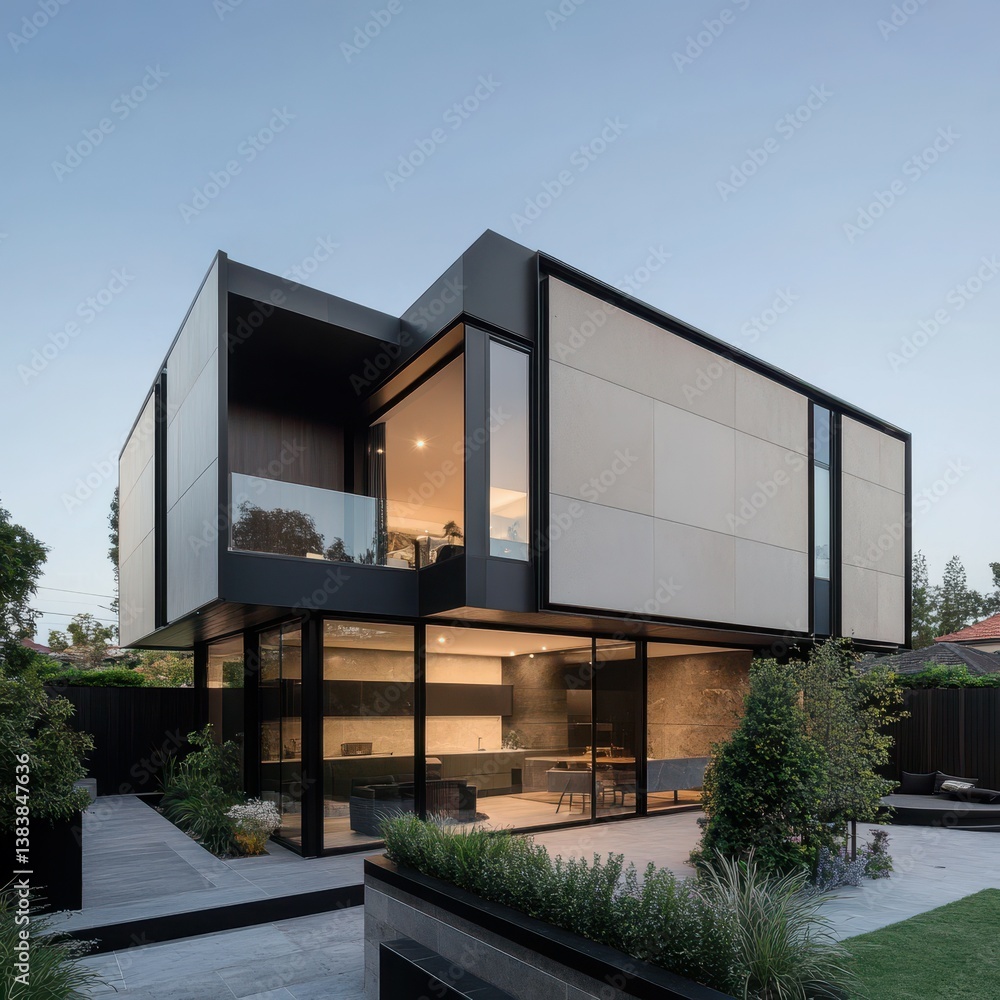 Modern architectural design featuring a sleek house with large windows set against a twilight sky Modern architectural design featuring a sleek house with large windows set against a twilight sky