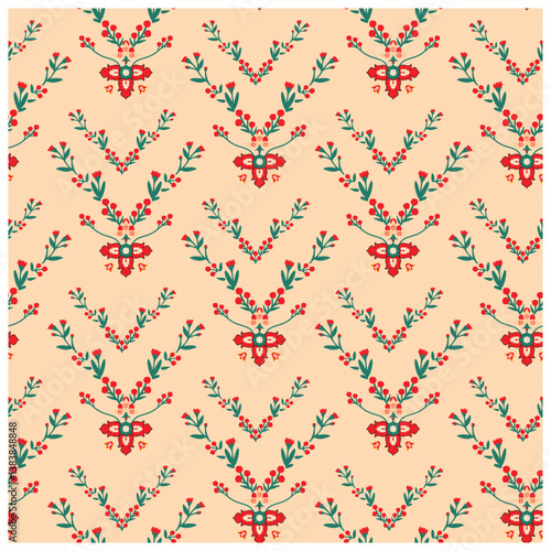 Pattern of symmetrical floral motifs in red and green on a beige background, it could be used as a wallpaper, fabric design, pillow cover, curtains or other decorative elements. 