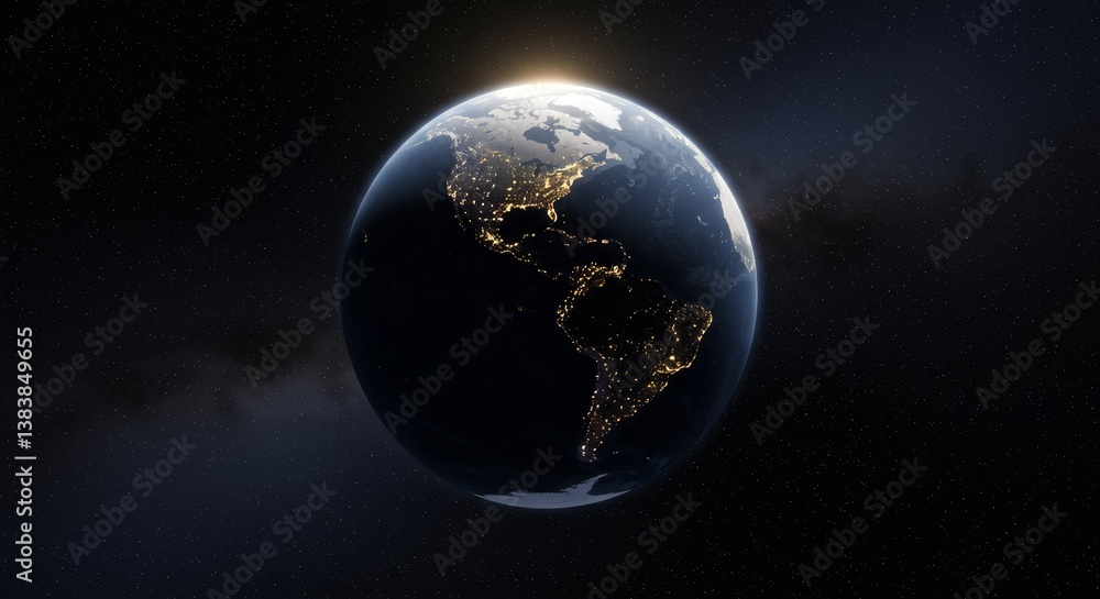 Fototapeta premium Earth at Night from Space - Stunning view of Earth at night, showcasing city lights across the Americas. Perfect for environmental or global themes
