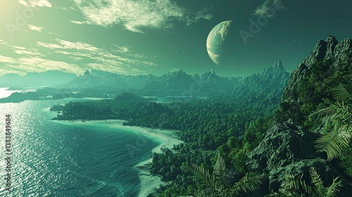 High-resolution Long exposure Panorama of a habitable exoplanet with lush foliage - Ultra wide screen wallpaper